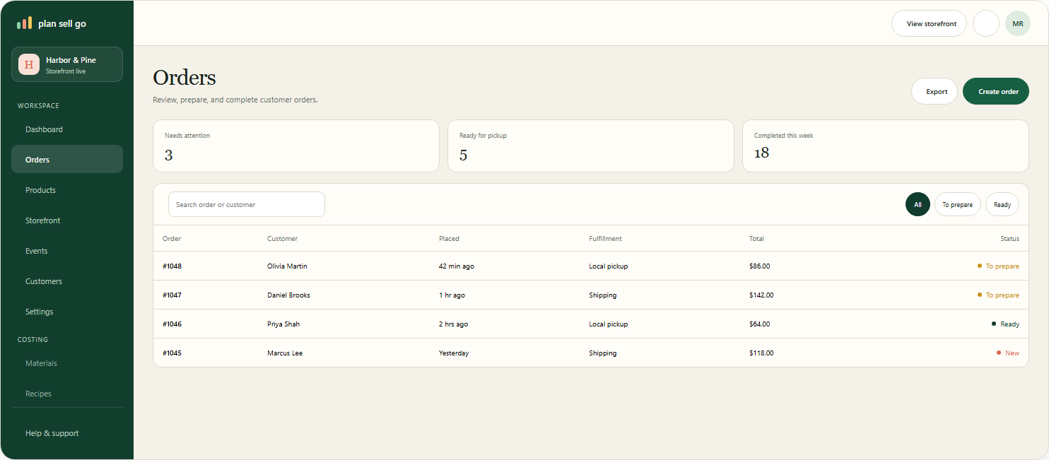 The Plan Sell Go order list, showing each order's fulfillment method and its status on the way to done.