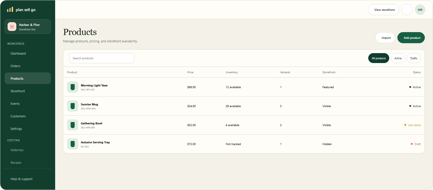 The Plan Sell Go product catalog, listing each product with its price, inventory, and storefront visibility.