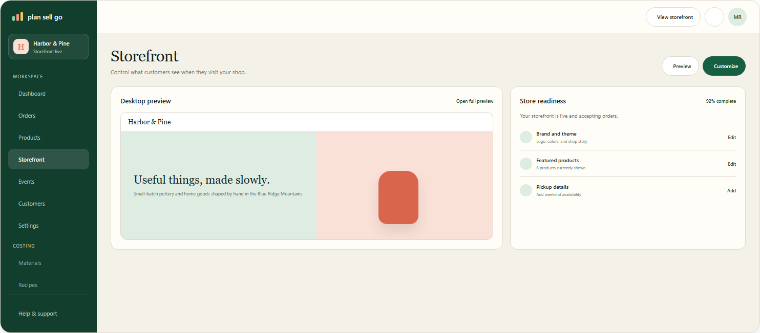 The storefront settings page, previewing the shop customers see alongside a store readiness checklist.